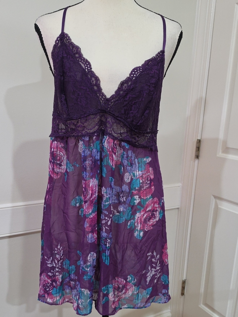 Linea Donatella Purple Floral Mesh Babydoll Chemise Lingerie - Size L